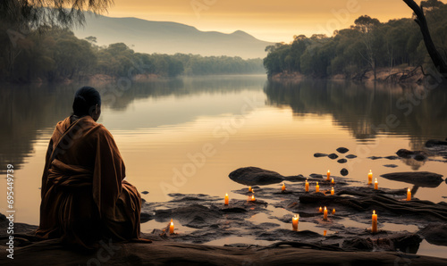 Solitary Figure in Traditional Attire Reflecting on a Tranquil River Landscape at Dusk, Evoking Serenity and Connection to Nature