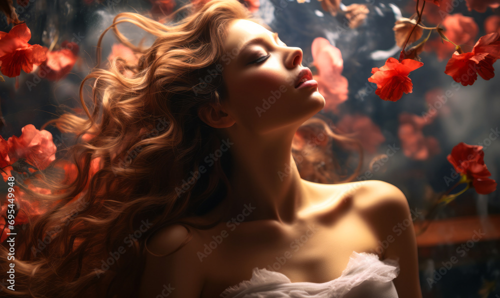 Ethereal Woman with Eyes Closed Surrounded by a Vivid Swirl of Floating Red Flowers, Imbuing a Dreamlike and Romantic Atmosphere