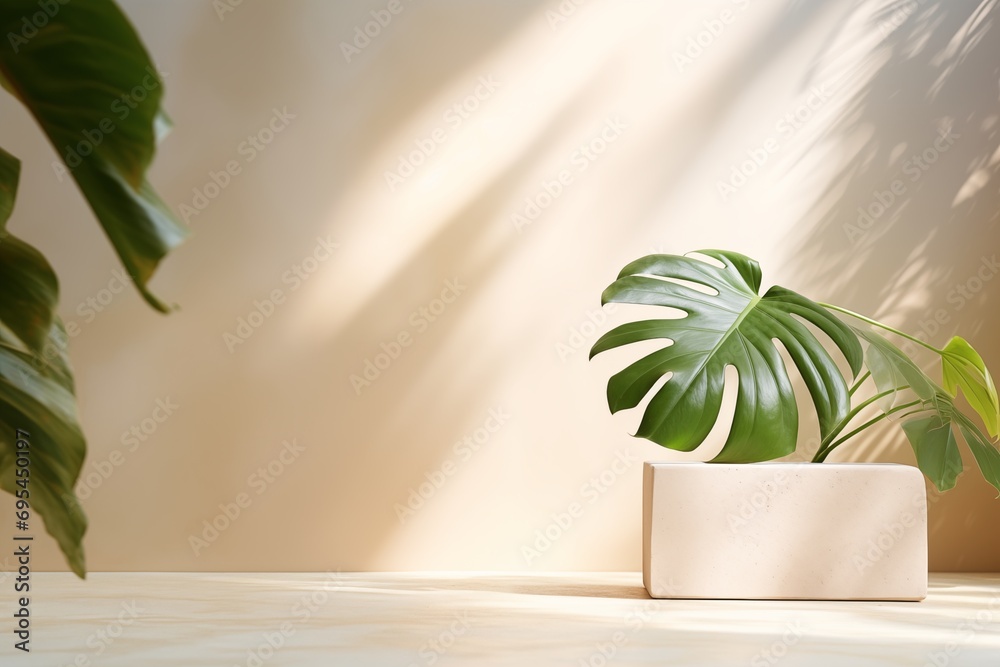 Minimalist monstera plant in sunlight and shadows. Minimalist monstera plant in sunlight and shadows.
