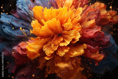  a close up of a colorful flower with drops of water on the petals and in the middle of the petals is an orange, red, blue, yellow, and red flower.