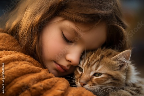 Winter warmth with girl and kitten. 