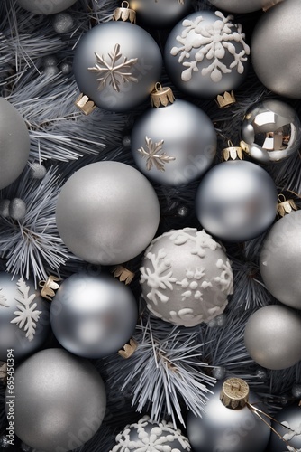 Elegant silver Christmas ornaments and pine needles.