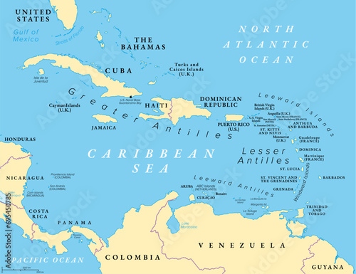 The Caribbean Sea and its islands, political map. The Caribbean, a subregion of the Americas, with the West Indies, compromising independent island countries and dependencies in three archipelagos. photo