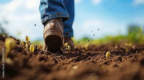 Harvesting Dreams: A Person Sowing Seeds in Fertile Dark Brown Soil. The concept revolves around the cycle of life, growth, and abundance as represented by a person actively sowing seeds in rich soil. photo