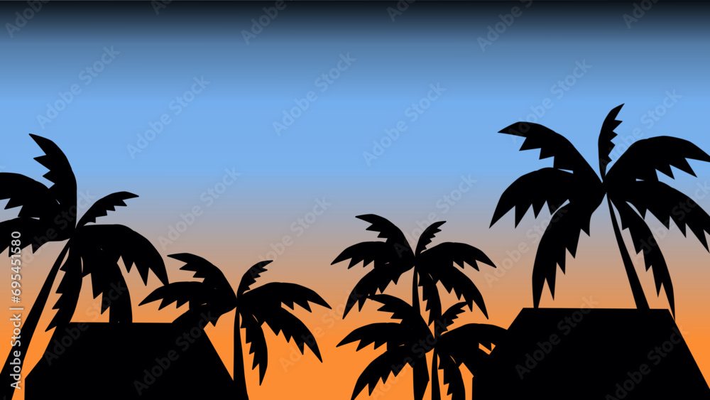 The silhouettes of rural coconut farming villages contrast with the deep blue-orange sky at sunset