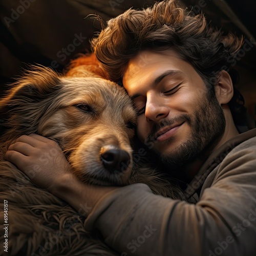 Canine Companions: Heartwarming Moments of Dogs Cuddling with Their Human Friends, Pet Bonding, Unconditional Love, Pet Ownership Joy, Furry Friendships, Affectionate Moments, Joyful Pet Parenting, 