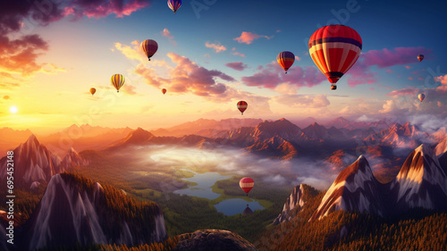 A captivating HD photograph highlighting the vibrant colors of hot air balloons floating above a majestic mountain  creating a mesmerizing and enchanting aerial scene.