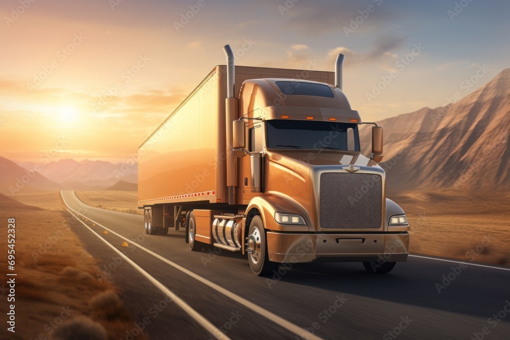  a yellow semi truck driving down a road in the middle of a mountainous area with a sunset in the background and a mountain range in the middle of the distance.