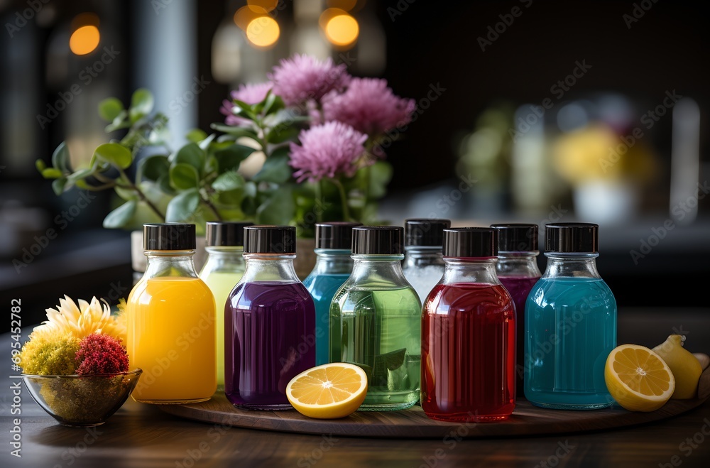 a group of jars filled with different colored liquids and herbs on a table a group of jars filled with different colored liquids and herbs on a table