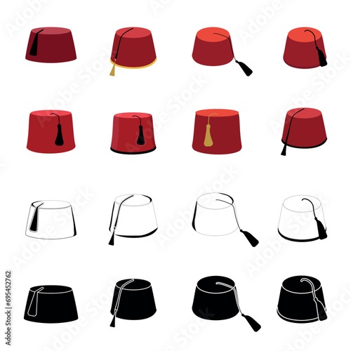 Fez Hat Vector Illustration Set With Clip Art White Background And Fez Hat Isolated Symbol. Turkey Istanbul Hat Cultural National Cap Type, Realistic Headgear Morocco Muslim Fez Hat Vector.