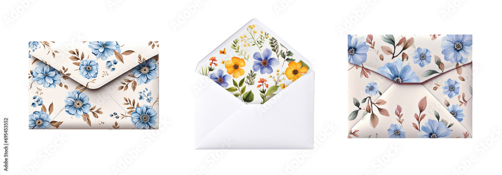 Set of flowers print envelopes on transparent background.
