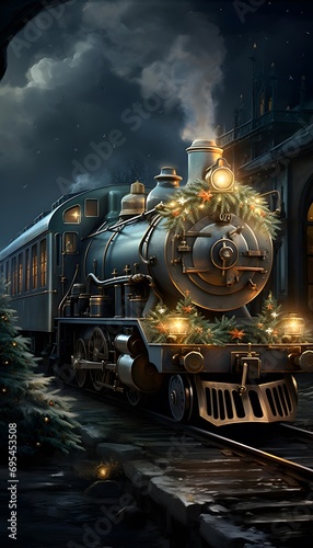Old steam locomotive with Christmas wreath on the roof. 3D rendering