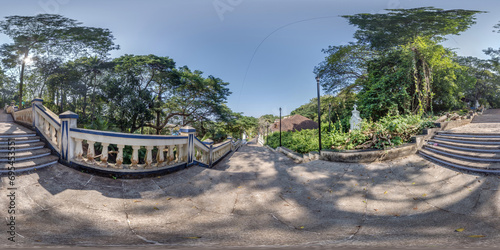 full seamless spherical 360 hdri panorama on old concrete staircase, remains of an ancient more developed civilization in jungles of India in equirectangular projection, for VR virtual reality content photo