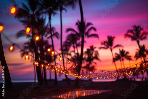 a string of lights hanging from a palm tree next to a body of water with a sunset in the background and palm trees in the foreground and a purple sky. © Nadia