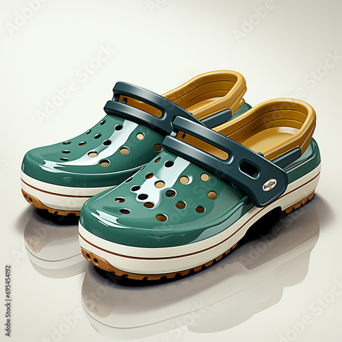 3D illustration of a pair of sandals made of a closed-cell resin material called croslite.