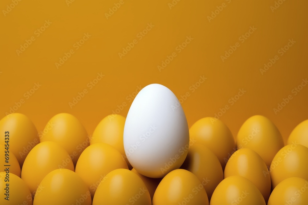 White egg on top of a group of yellow eggs White egg on top of a group of yellow eggs