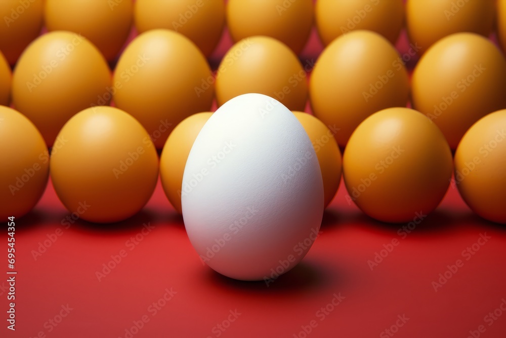 Leadership concept, white egg in front of a group of yellow eggs.