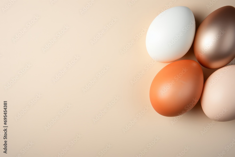 four eggs different colors with copy space, top view. four eggs different colors with copy space, top view.