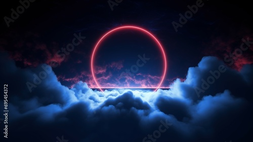 Abstract Futuristic Background with Glowing Geometric Neon Circle and Stormy Clouds, Generative AI