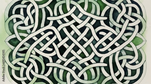 White watercolor celtic pattern on a dark green background
