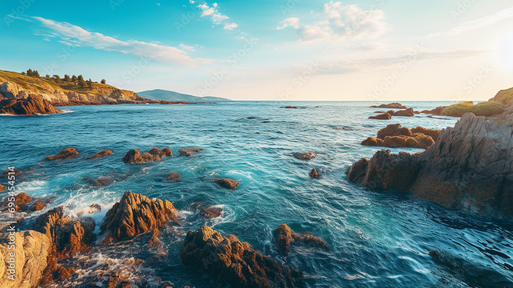 A captivating HD photograph showcasing a sea coast after sunrise, complete with rocks, inviting blue water, and a sunlit sky, presenting a natural seasonal summer hipster background.