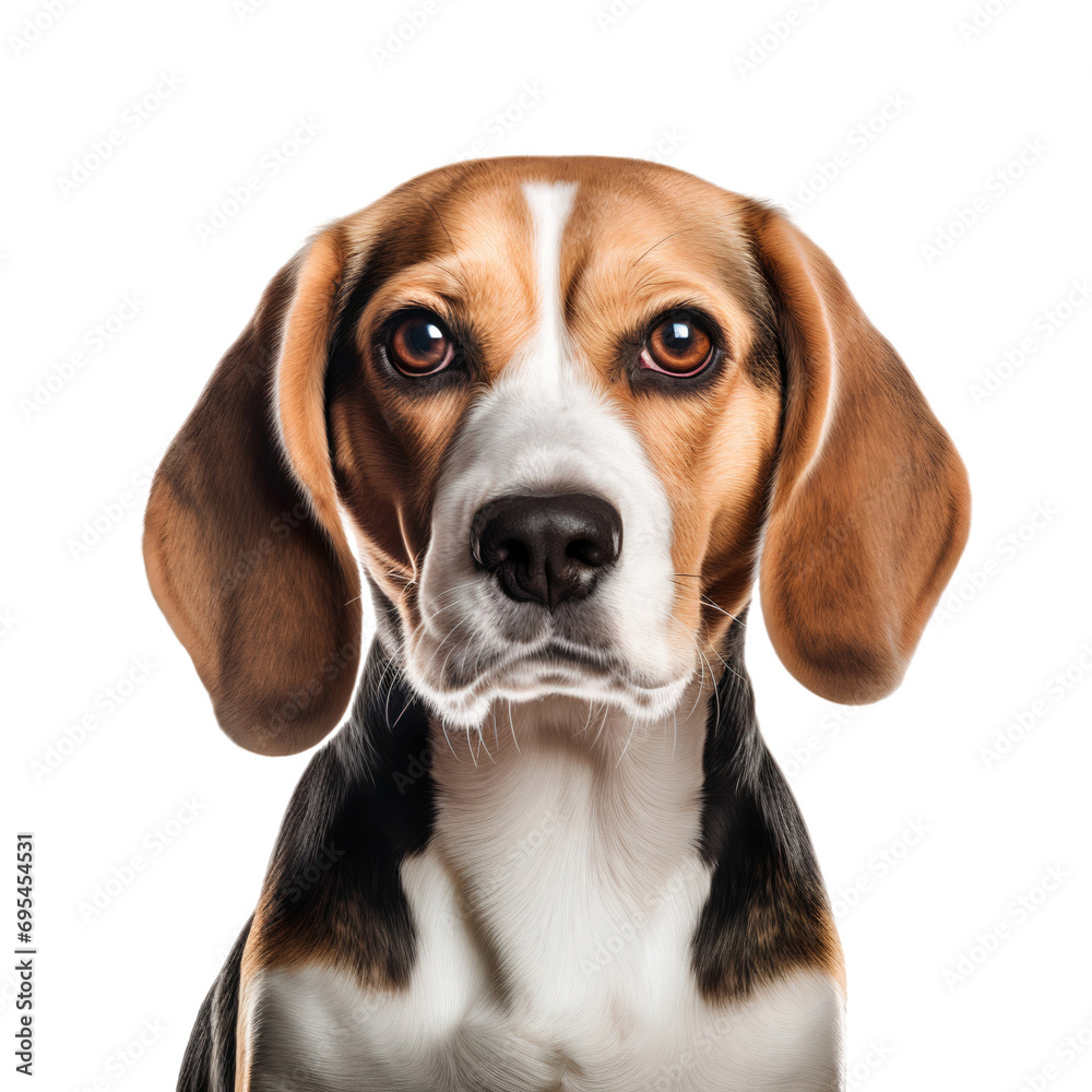 Close-up portrait of a beagle dog face shot isolated on white, transparent background