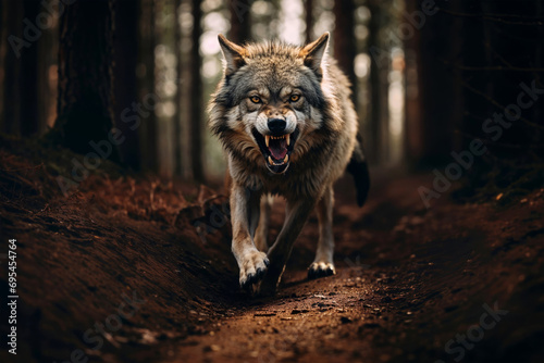 Angry lone wolf walking alone in a forest path, showing teeth, front face ready to attack