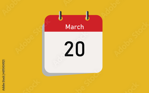 20th march calendar icon. march 20 calendar Date Month icon with yellow background .Vector illustrator.