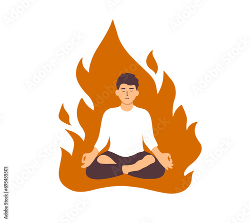 Man meditating in burning flame. Self care in emergency, time pressure, deadline stress. Boy relaxing sitting inside fire in yoga pose. Male life balance. Mental wellbeing isolated vector illustration