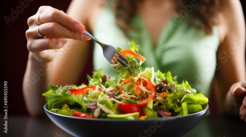 healthy lifestyle: closeup of woman enjoying fresh salad with fork