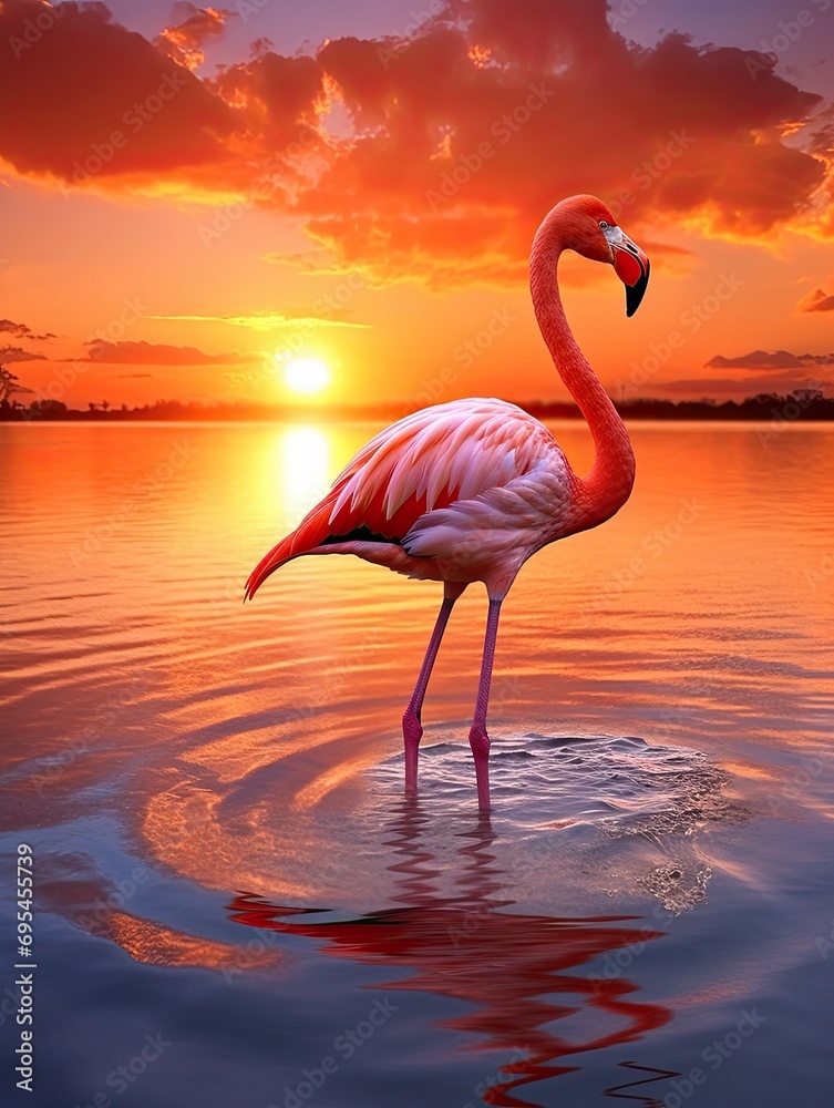 Fototapeta premium Beautiful pink flamingo in lake with reflection on beautiful sunset background. Generative AI