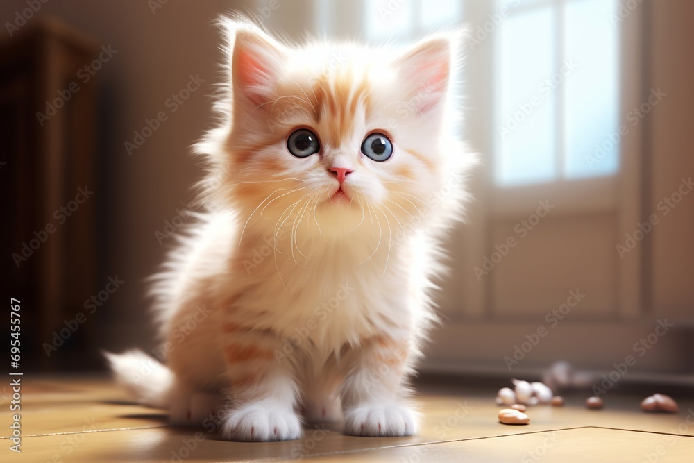 Cute little kitten with blue eyes sitting on floor at home.