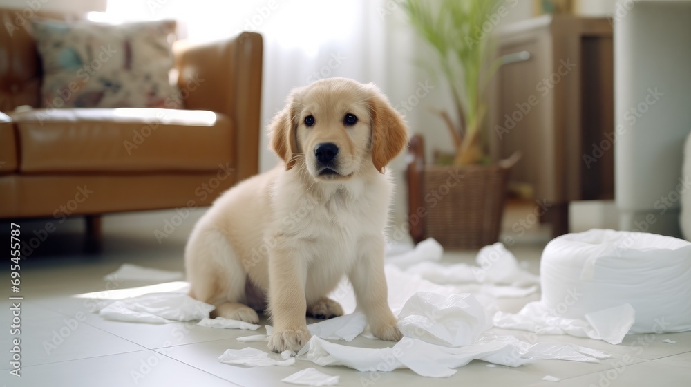 Dog is at home entertaining by eating toilet paper. puppy dog playing with paper lying on bed. Young crazy dog is making mess at home. Dog is at home entertaining by eating toilet paper. puppy dog playing with paper lying on bed. Young crazy dog is making mess at home.