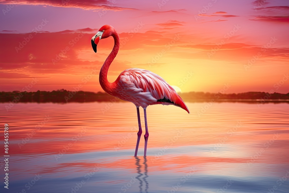 Fototapeta premium Beautiful pink flamingo in lake with reflection on beautiful sunset background. Generative AI