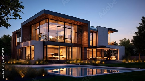 Modern Luxury Home in the garden at dusk. Perspective view. © Iman