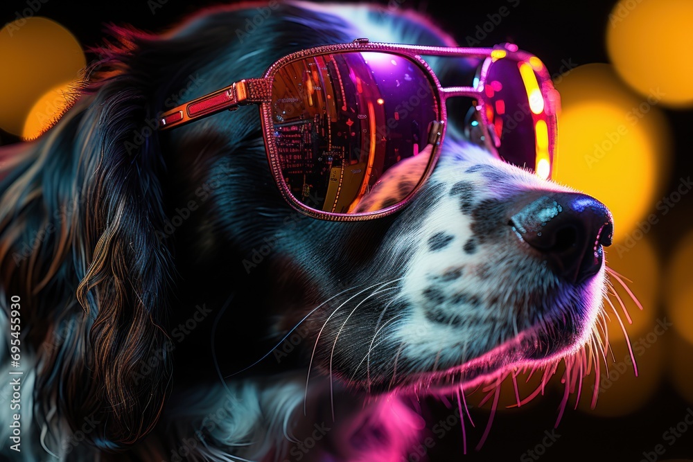  a black and white dog wearing a pair of pink and red mirrored sunglasses on it's face, with a blurry boke of lights in the background.