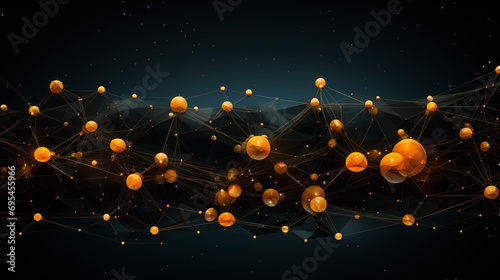 Orange neon points lights on dark background. Illustration of a network of lights connected into a web. Data transfer and integration into one network.  photo