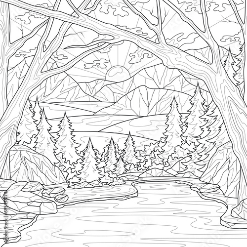 Dawn and the lake. Landscape.Coloring book antistress for children and adults. 