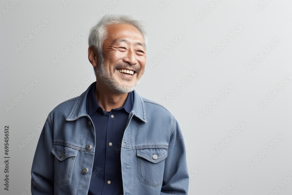 Portrait of a blissful asian man in his 70s sporting a rugged denim jacket against a plain white digital canvas. AI Generation