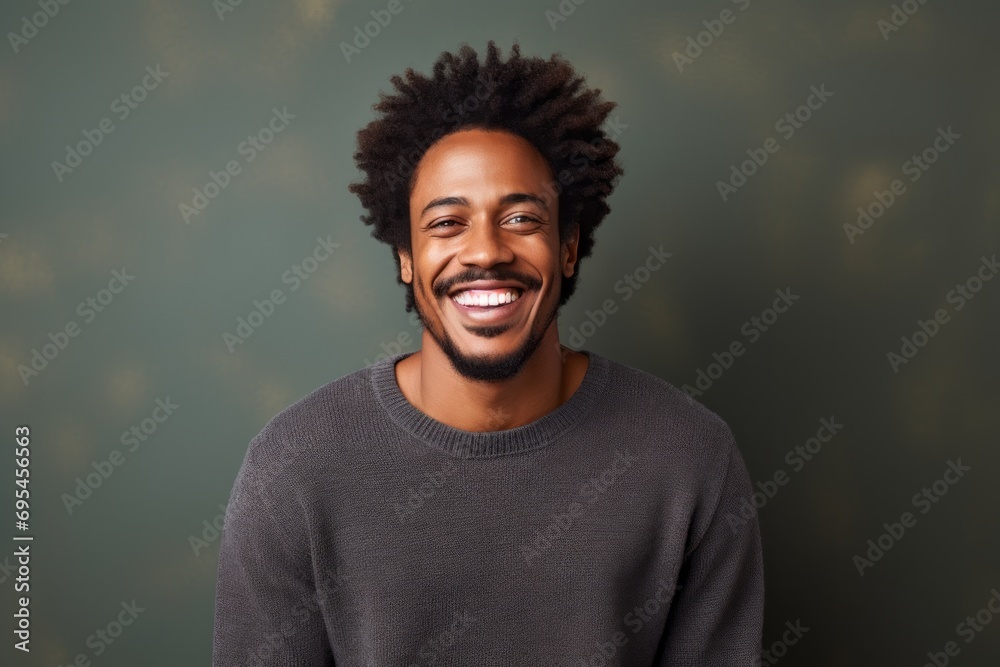 Portrait of a grinning afro-american man in his 30s wearing a cozy sweater against a bare monochromatic room. AI Generation Portrait of a grinning afro-american man in his 30s wearing a cozy sweater against a bare monochromatic room. AI Generation