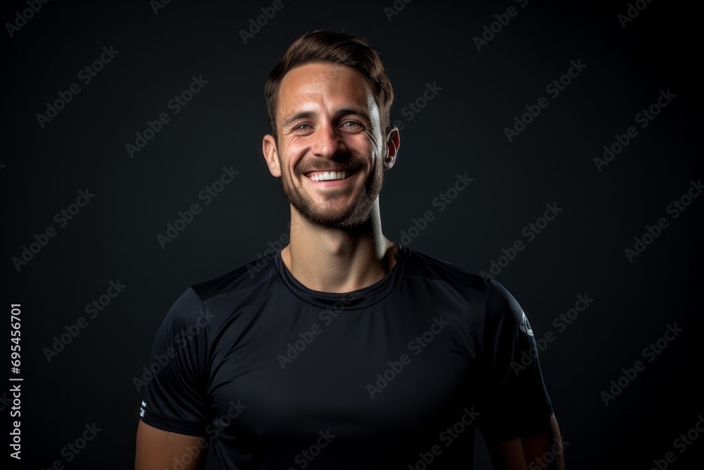 Portrait of a cheerful man in his 30s sporting a breathable mesh jersey against a bare monochromatic room. AI Generation