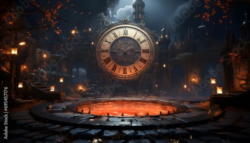 3d rendering of a fantasy scene with a clock in the night photo