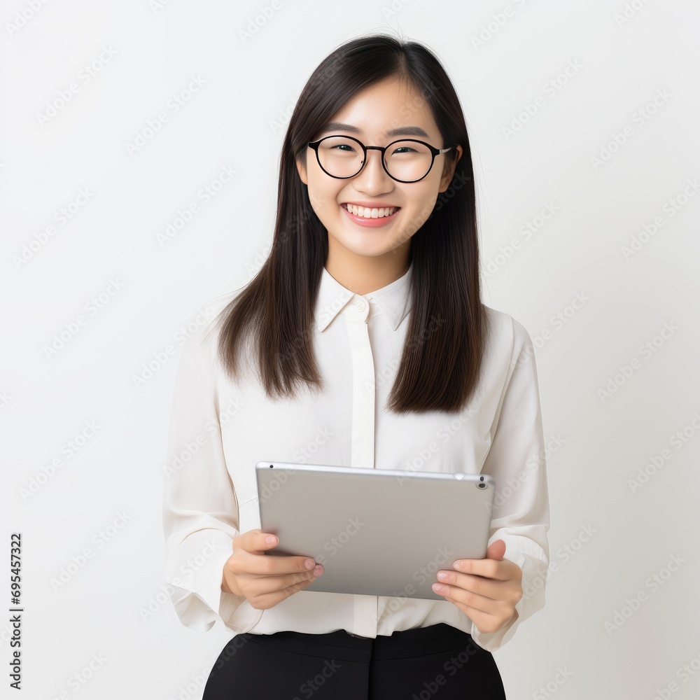 Image of young asian woman, company worker in glasses, smiling and holding digital tablet, standing over white background Image of young asian woman, company worker in glasses, smiling and holding digital tablet, standing over white background