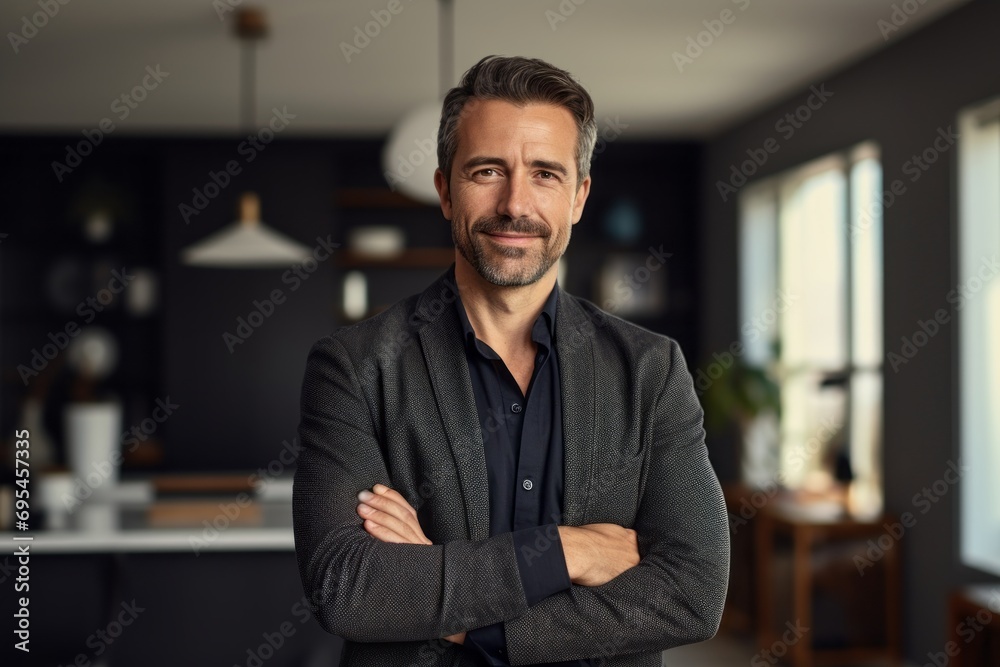 Portrait of a glad man in his 30s wearing a chic cardigan against a stylized simple home office background. AI Generation Portrait of a glad man in his 30s wearing a chic cardigan against a stylized simple home office background. AI Generation