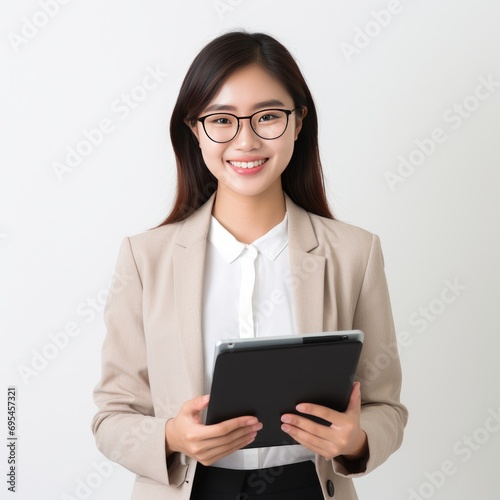 Image of young asian woman, company worker in glasses, smiling and holding digital tablet, standing over white background