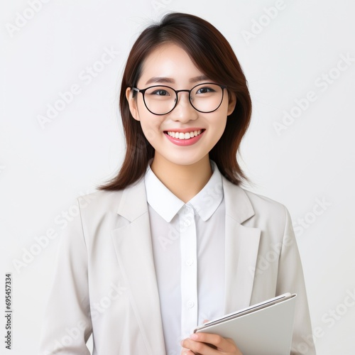 Image of young asian woman, company worker in glasses, smiling and holding digital tablet, standing over white background