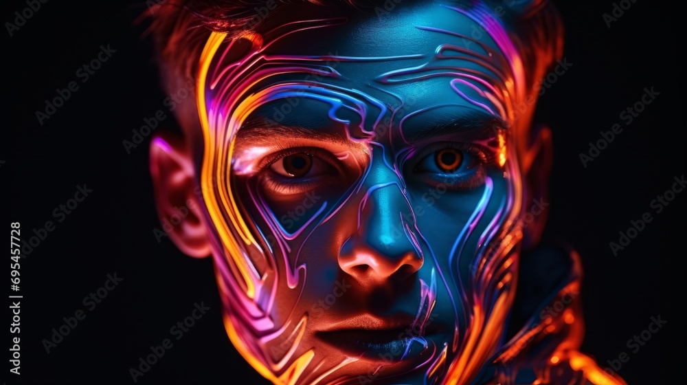 The face of a male in vivid neon lamps and neon light.