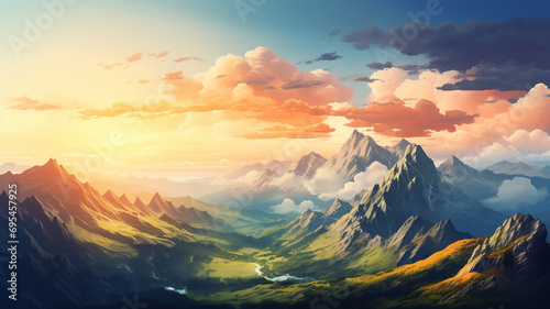 A captivating view of mountains during sunset in the summer, with the sky painted in warm tones and the rugged peaks illuminated by the fading sunlight, presenting a breathtaking natural landscape