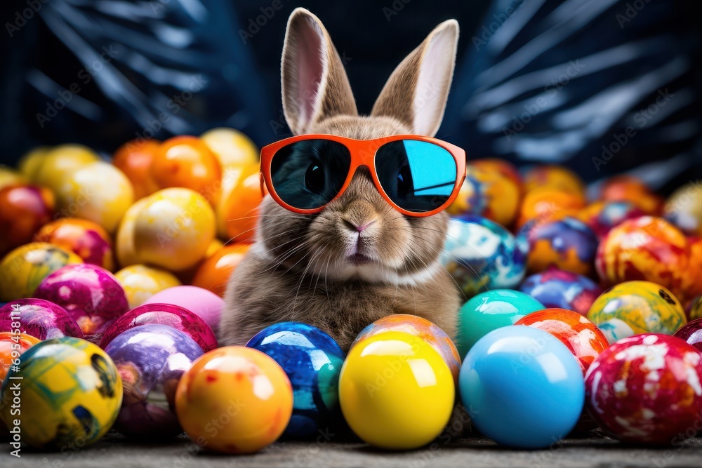 Easter bunny rabbit in cool sunglasses wit colorful easter eggs .Easter egg hunt concept. bunny easter with sunglasses and eggs in hipster style. Cool Easter bunny wearing sunglasses - obrazy, fototapety, plakaty 