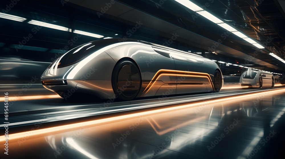 Futuristic high speed car with motion blur in the tunnel.